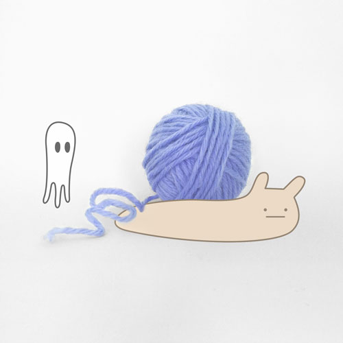 ghost overlooking snail with yarn ball as shell